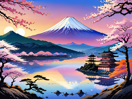 a painting of a mountain with a pagoda in the foregroundの素材