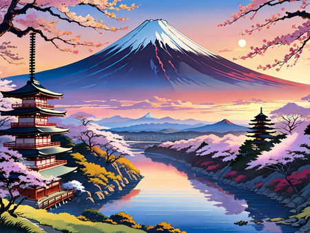 a painting of a mountain with a pagoda in the foregroundの素材