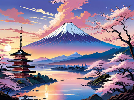 a painting of a mountain with a pagoda in the foregroundの素材
