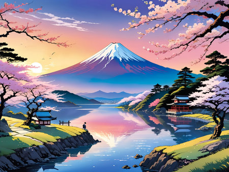 a painting of a mountain with a pagoda in the foregroundの素材