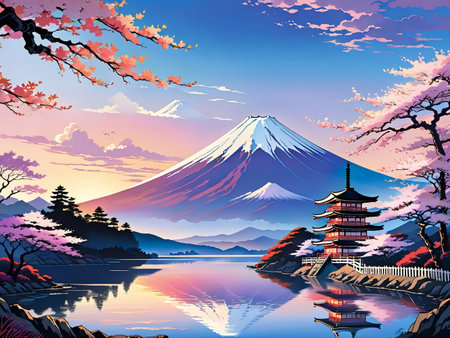a painting of a mountain with a pagoda in the foregroundの素材