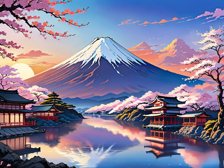 a painting of a mountain with a pagoda in the foregroundの素材