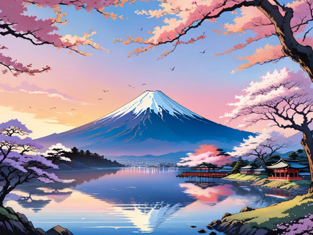 a painting of a mountain with a pagoda in the foregroundの素材