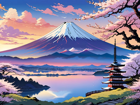 a painting of a mountain with a pagoda in the foregroundの素材