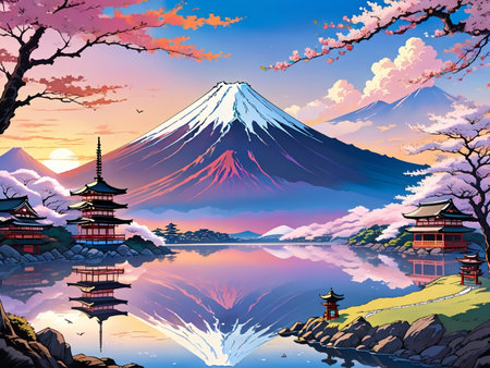 a painting of a mountain with a pagoda in the foregroundの素材
