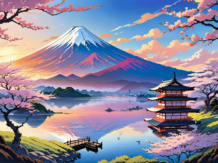 a painting of a mountain with a pagoda in the foregroundの素材