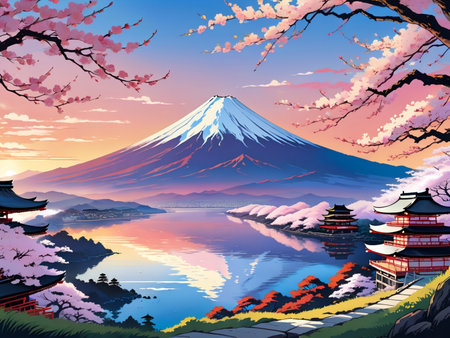 a painting of a mountain with a pagoda in the foregroundの素材