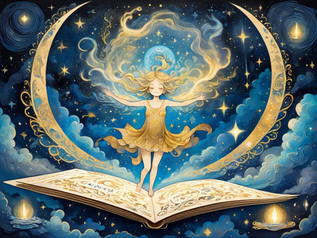 beautiful young woman in blue dress with a moonの素材