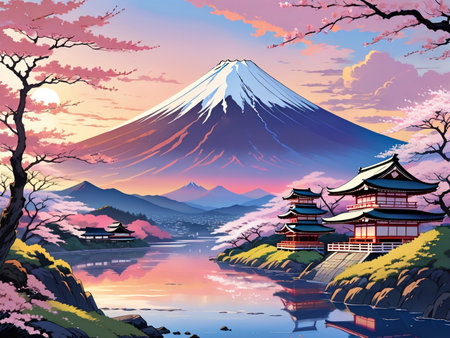 a painting of a mountain with a pagoda in the foregroundの素材
