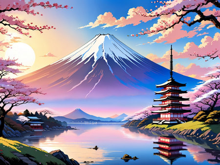 a painting of a mountain with a pagoda in the foregroundの素材