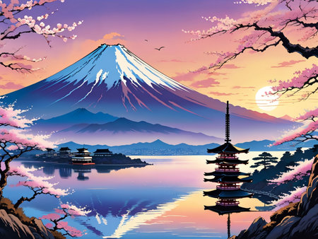 a painting of a mountain with a pagoda in the foregroundの素材