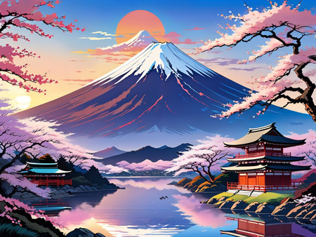 a painting of a mountain with a pagoda in the foregroundの素材
