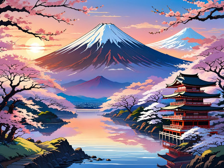 a painting of a mountain with a pagoda in the foregroundの素材