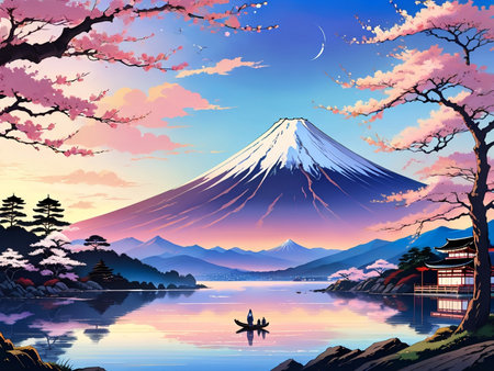 a painting of a mountain with a pagoda in the foregroundの素材