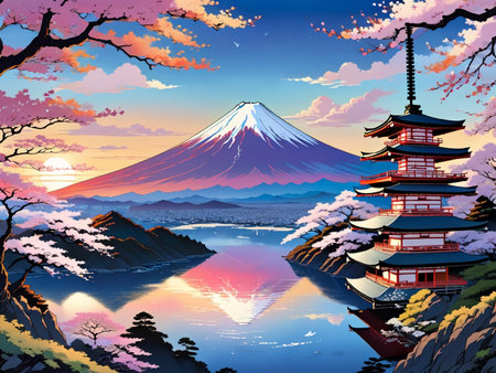 a painting of a mountain with a pagoda in the foregroundの素材