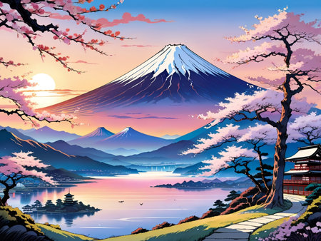 a painting of a mountain with a pagoda in the foregroundの素材