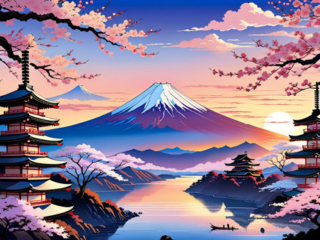 a painting of a mountain with a pagoda in the foregroundの素材