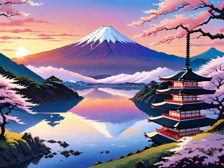 a painting of a mountain with a pagoda in the foregroundの素材