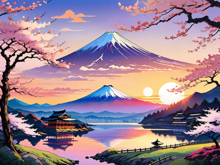 a painting of a mountain with a pagoda in the foregroundの素材