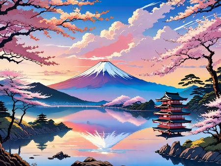 a painting of a mountain with a pagoda in the foregroundの素材