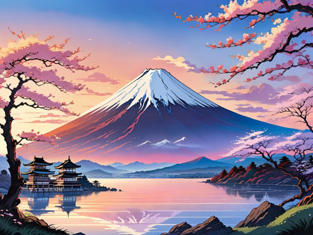 a painting of a mountain with a pagoda in the foregroundの素材