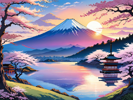 a painting of a mountain with a pagoda in the foregroundの素材