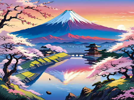 a painting of a mountain with a pagoda in the foregroundの素材