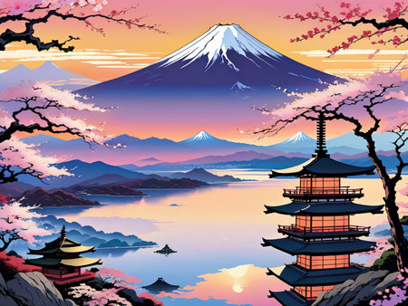 a painting of a mountain with a pagoda in the foregroundの素材