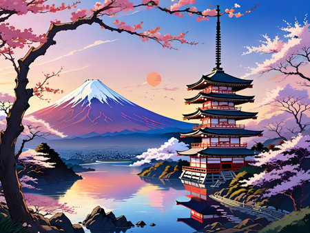 a painting of a mountain with a pagoda in the foregroundの素材
