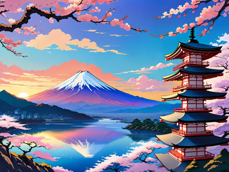 a painting of a mountain with a pagoda in the foregroundの素材