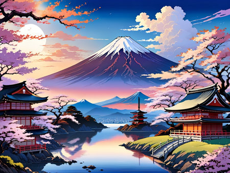 a painting of a mountain with a pagoda in the foregroundの素材