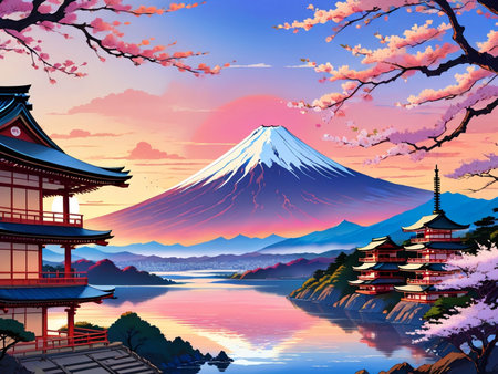 a painting of a mountain with a pagoda in the foregroundの素材