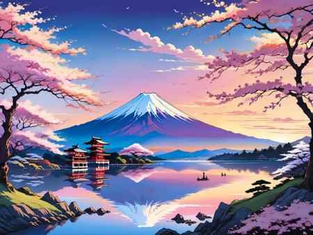 a painting of a mountain with a pagoda in the foregroundの素材