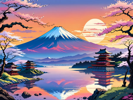 a painting of a mountain with a pagoda in the foregroundの素材