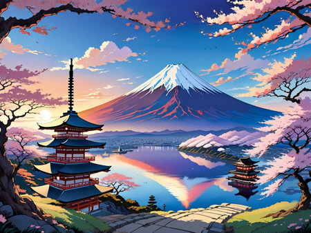 a painting of a mountain with a pagoda in the foregroundの素材