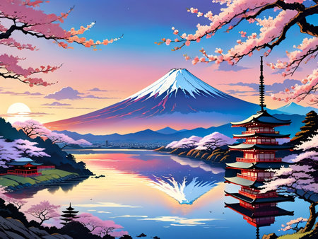a painting of a mountain with a pagoda in the foregroundの素材