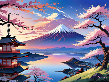 a painting of a mountain with a pagoda in the foregroundの素材
