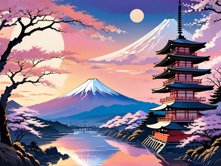 a painting of a mountain with a pagoda in the foregroundの素材