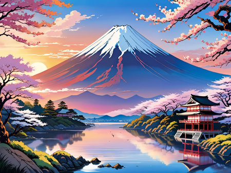a painting of a mountain with a pagoda in the foregroundの素材
