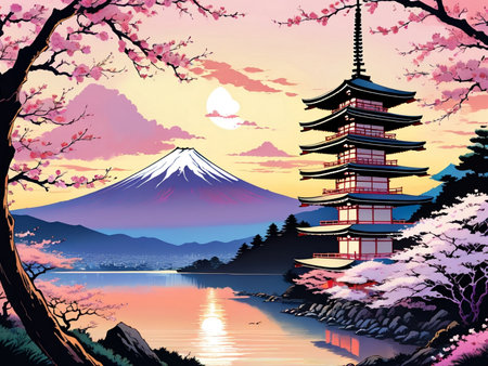 a painting of a mountain with a pagoda in the foregroundの素材