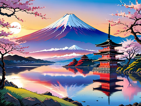 a painting of a mountain with a pagoda in the foregroundの素材