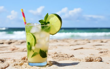 This vibrant image showcases a refreshing summer mojito on a sandy beach with the ocean waves in the backgroundの素材