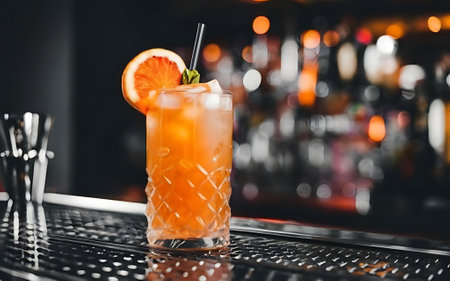 Fresh orange juice summer ice cold modern cocktail with sweet caramels decoration slice author drink on bar counter close up top view copy paste space design barman people and luxury nightclubの素材