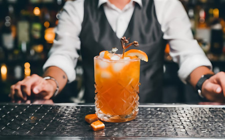 Fresh orange juice summer ice cold modern cocktail with sweet caramels decoration slice author drink on bar counter close up top view copy paste space design barman people and luxury nightclubの素材