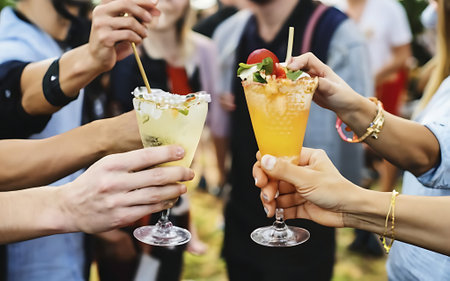 People at the festival hold alcoholic cocktails in their handsの素材
