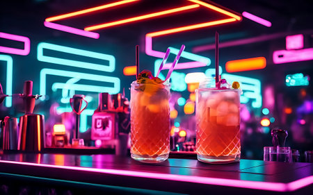 Neon colorful cocktails in a cyberpunk barの素材