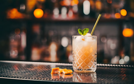 Ice cold modern cocktail gourmet craft white with sweet caramels decoration slice author drink on bar counter close up top view copy paste space design barman people and luxury nightclubの素材