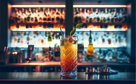 Cocktail on blurred bar counter in nightclub illustrationの素材