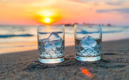 Two glasses of whiskey with ice on the beach at sunset shallow depth of fieldの素材