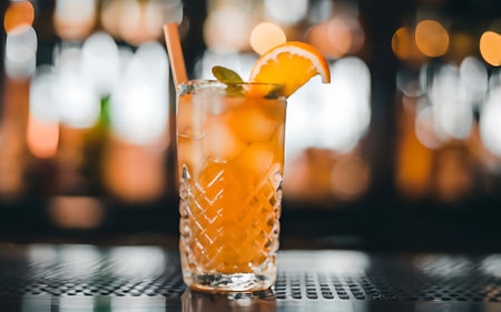 Iced yellow cocktail with orange slice on the unfocused background of restaurantの素材